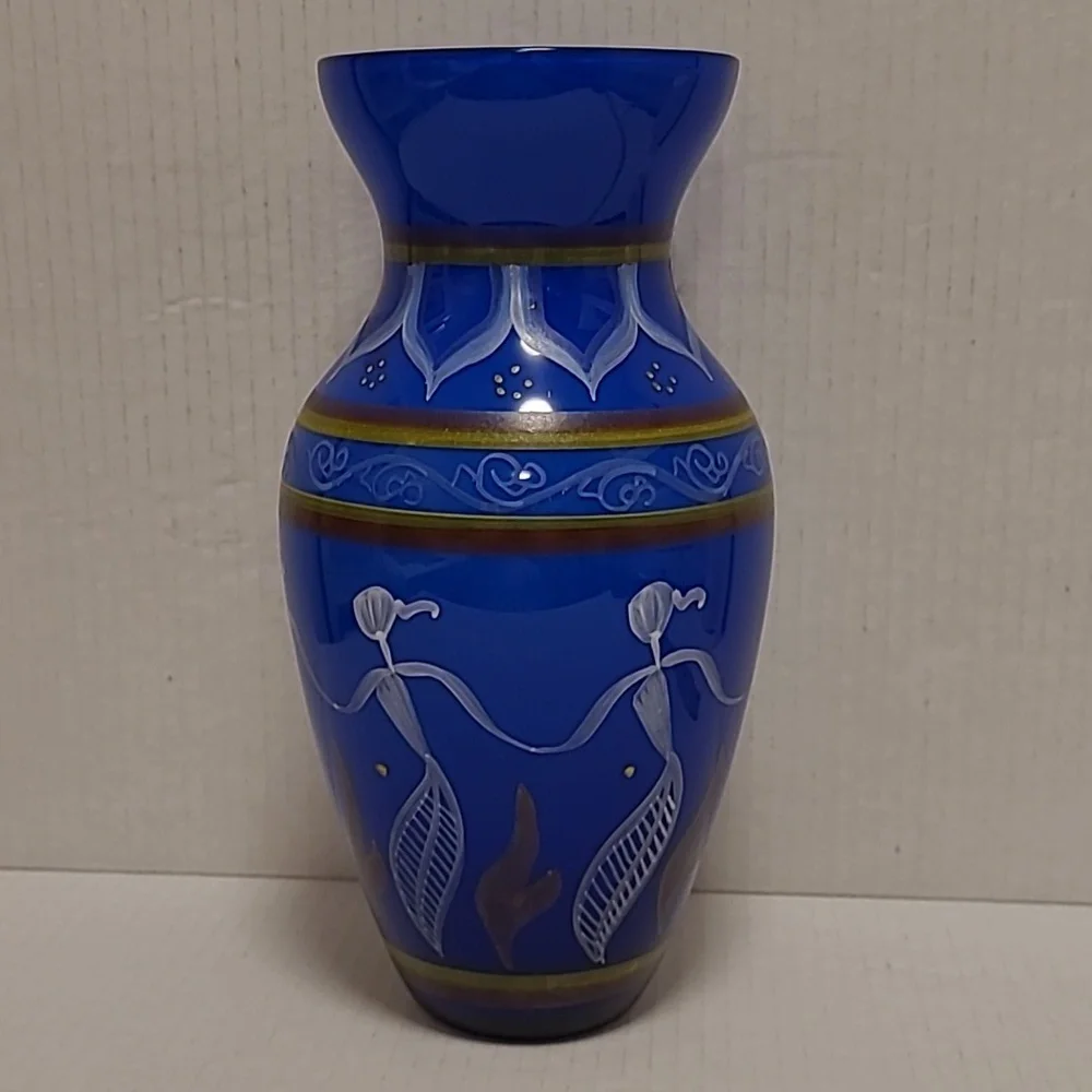 Vintage Colbalt Blue Handpainted Glass Vase